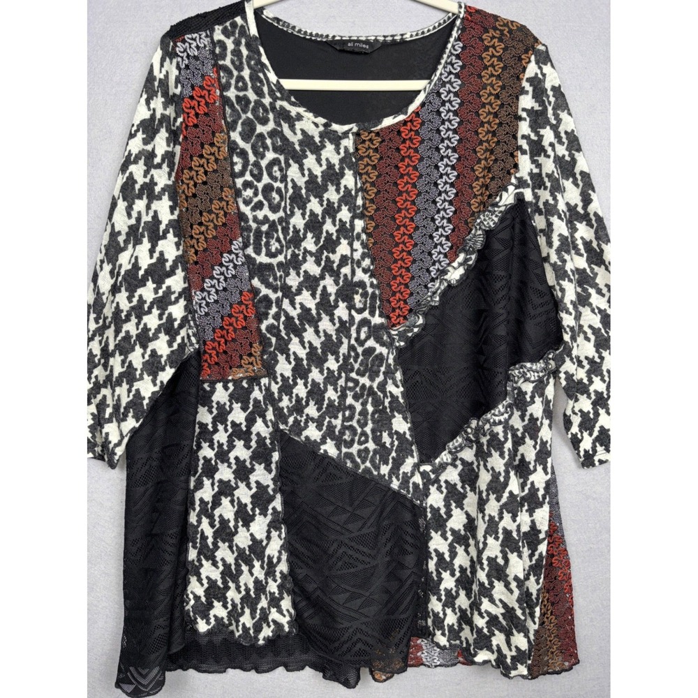 Ali Miles Tunic Womens Mixed Print Houndstooth Leopard Lace Patchwork
